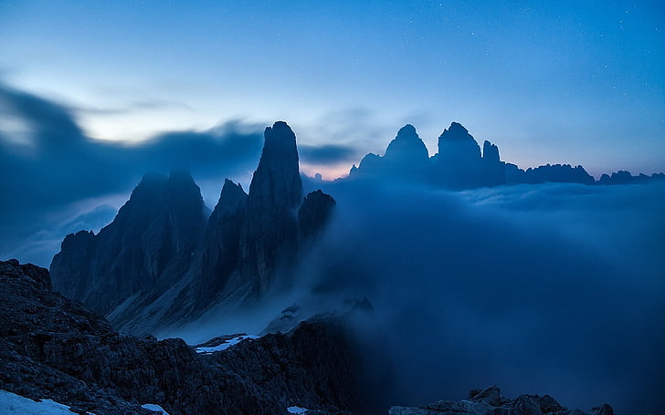 naturaleza, paisaje, niebla, montañas, azul, Dolomitas (montañas), oscuro, Fondo de pantalla HD
