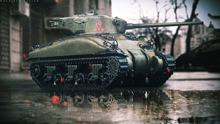 black and green war tank, tank, M4 Sherman, city, digital art, landscape, trees, Photoshop, photo manipulation, HD wallpaper