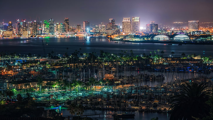 USA, San Diego City, Kalifornien, Fluss, Gebäude, Stadtbild, Lichter der Stadt, Landschaft, Megapolis, Nacht, Bucht, Jachthäfen, HD-Hintergrundbild