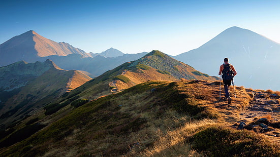 cross country, hiking, walk, movement, mountains, mountain range, HD wallpaper HD wallpaper