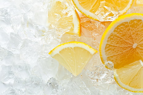 нарязани лимонови плодове, лед, лимон, портокал, цитрусови плодове, HD тапет HD wallpaper