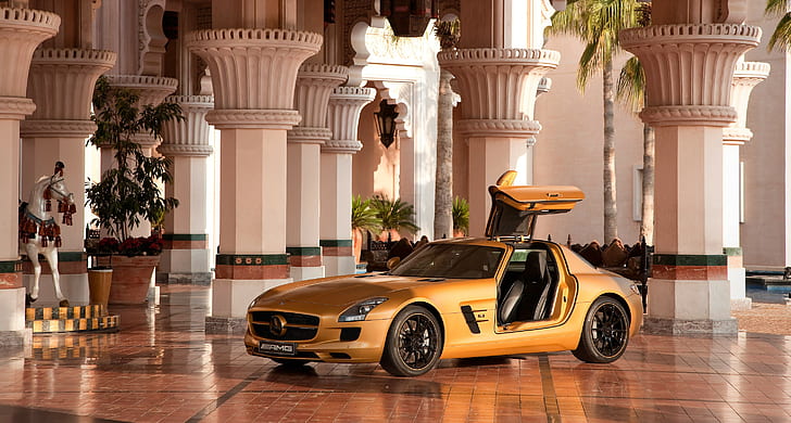 auto, auto sportiva, Mercedes-Benz, Mercedes SLS, Dubai, cavallo, colonna, Mercedes-Benz SLS AMG, Sfondo HD