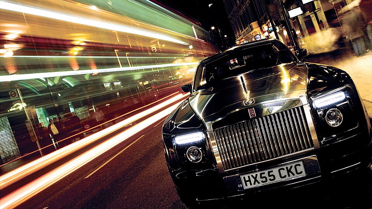 véhicule noir, Rolls-Royce, voiture, flou de mouvement, traînées lumineuses, véhicule, longue exposition, ville, trafic, Fond d'écran HD