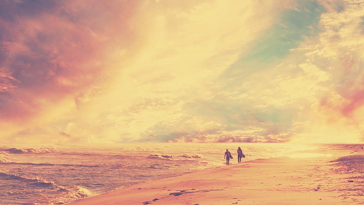 силуэт двух человек в морской живописи, пляж, люди, небо, море, природа, HD обои