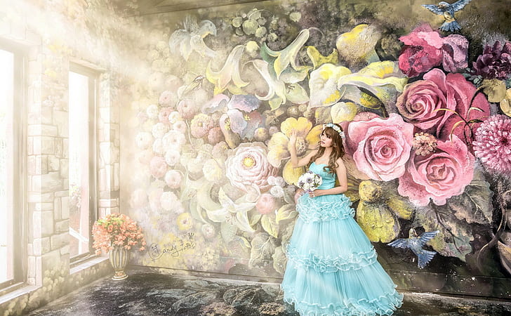 pengantin, gaun pengantin, Asia, wanita, berdiri, gaun biru, karangan bunga, karangan bunga, grafiti, bunga, Wallpaper HD
