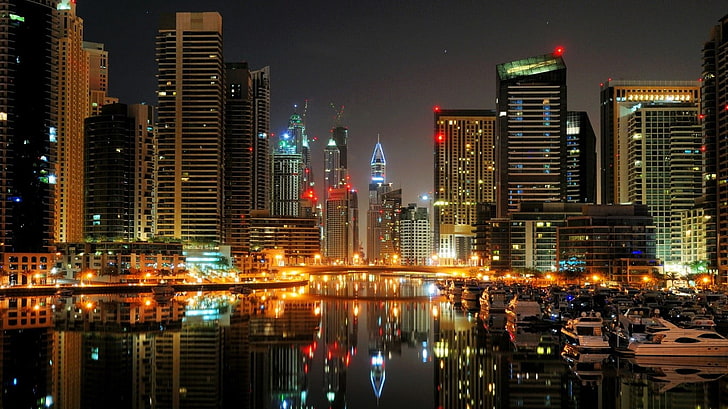 высотные здания, городской пейзаж, здания, огни, отражение, Дубай, HD обои