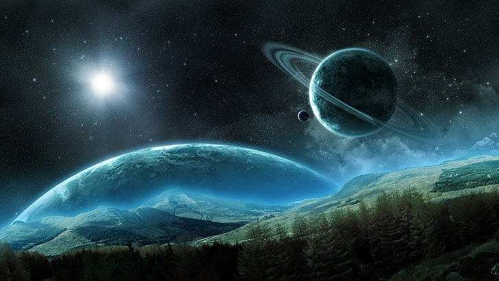 planeta z pierścieniami, przestrzeń, nocne niebo, gwiazdy, pierścień planetarny, planeta, księżyc, noc, obca planeta, powierzchnia, fantasy art, fantastyczny krajobraz, Tapety HD