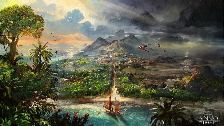 Anno 1800, 1800, sztuka cyfrowa, grafika koncepcyjna, grafika, Ubisoft, Ameryka Południowa, las tropikalny, wyspa, zanieczyszczenie środowiska, Tapety HD
