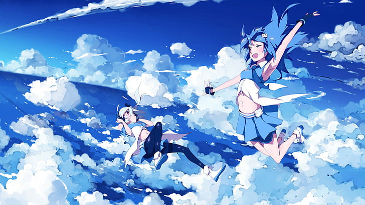 falling, windy, clouds, headphones, anime girls, skydiving, bilibili, HD wallpaper
