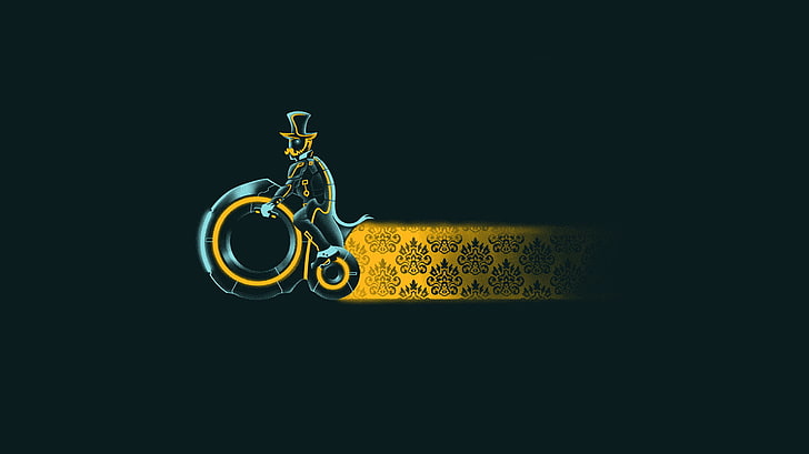 man riding bicycle illustration, abstract, humor, Light Cycle, parody, Tron, steampunk, minimalism, digital art, yellow, HD wallpaper
