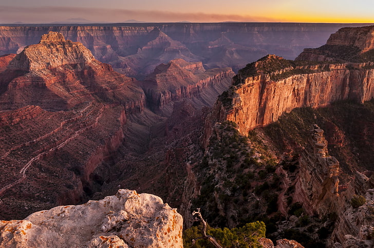 جراند كانيون ، أريزونا ، غروب الشمس ، الصخور ، الوادي ، المنظر من الأعلى، خلفية HD