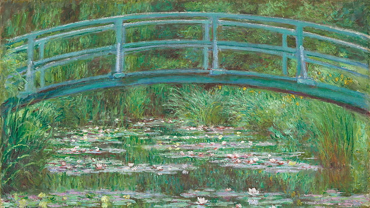 جسر ذو قاعدة خضراء فوق وسادات زنبق رسم ، عمل فني ، كلود مونيه ، جسر ، رسم ، زنابق الماء ، فن كلاسيكي، خلفية HD