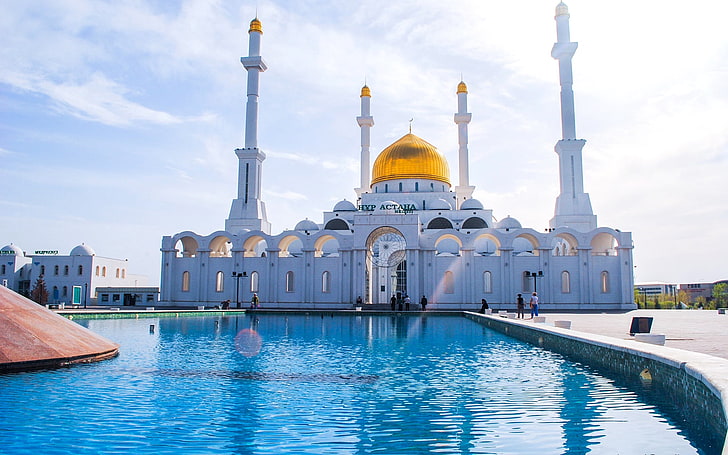mosquée blanche et jaune de 4 minaret, astana, mosquée, minaret, kazakhstan, Fond d'écran HD