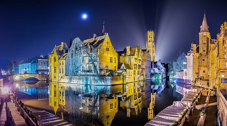 notte, Belgio, Panorama di Bruges, Sfondo HD