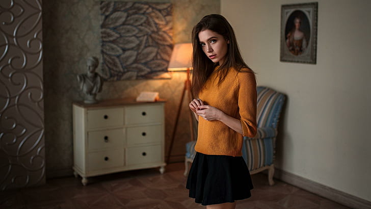 women, model, brunette, room, Ksenia Kokoreva, black skirts, HD wallpaper