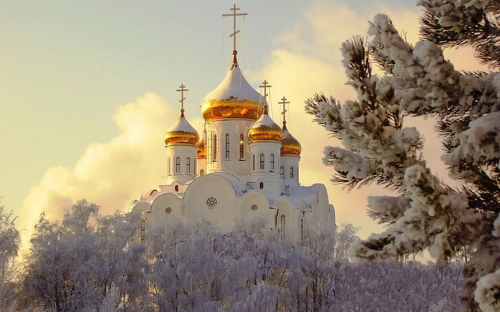 église blanche et marron, neige, hiver, temple, Fond d'écran HD
