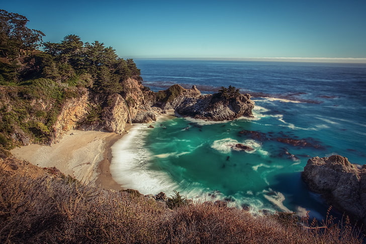 Tierra, orilla del mar, california, McWay Falls, mar, cascada, Fondo de pantalla HD