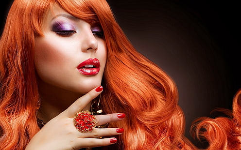Menina de cabelo vermelho muito bonito, batom vermelho feminino, muito, linda, vermelho, cabelo, menina, HD papel de parede HD wallpaper