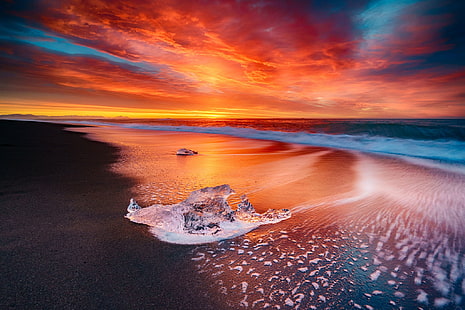 Islanda, spiaggia, mare, tramonto, islanda, sole, acqua, spiaggia, cielo, fuoco, ghiaccio, Sfondo HD HD wallpaper
