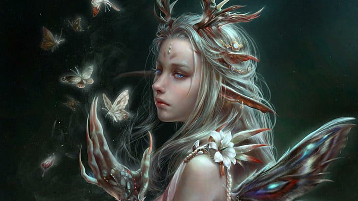 The Beast Within, fairy, fantasy, girl, beast, butterflies, claws, 3d and abstract, HD wallpaper