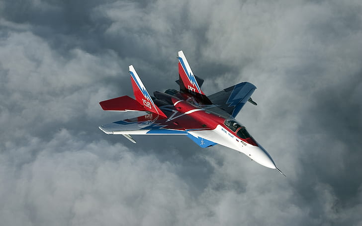 MiG 29M OVT, red, white, and blue fighter plane, plane, airplane, HD wallpaper