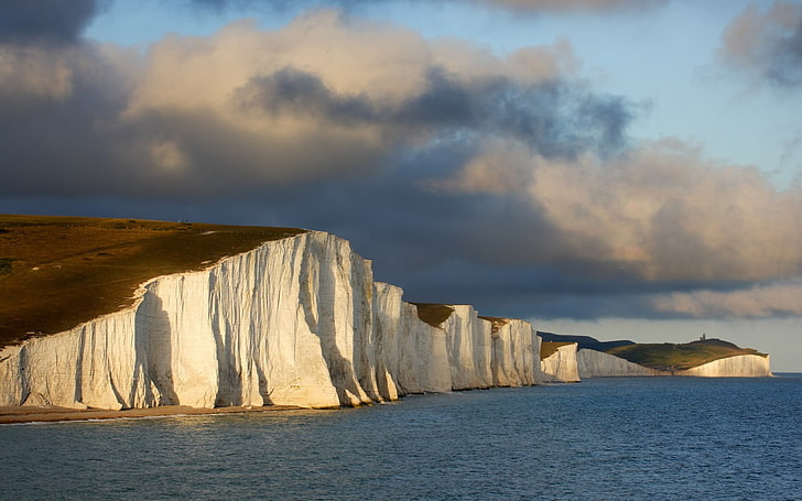 бяла и синя абстрактна живопис, природа, пейзаж, скала, Англия, Седем сестри, крайбрежие, море, HD тапет