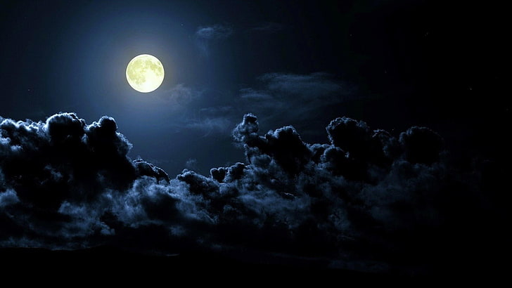 пълнолуние, луна, нощ, тъмно, облаци, космос, HD тапет