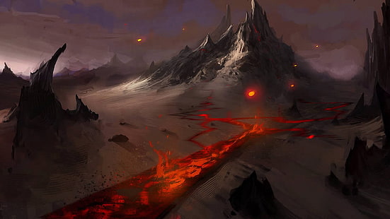 вулкан с лавовой росписью, лава, горы, фэнтези арт, темная фантазия, HD обои HD wallpaper