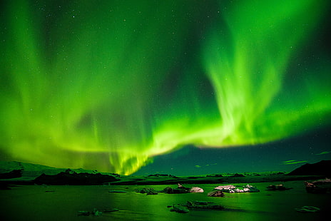 зеленые полярные сияния, сияние, небо, звёзды, зелёные, HD обои HD wallpaper