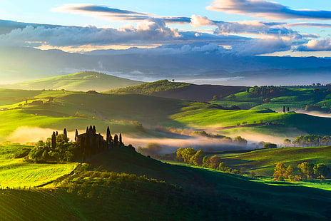 зелено поле, Италия, Тоскана, полета, дървета, изглед отгоре, мъгла, HD тапет HD wallpaper