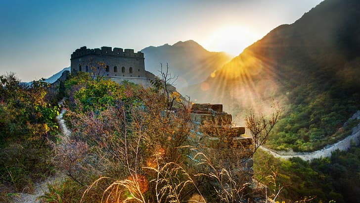 landscape, 4K, Great Wall of China, mountains, building, forest, Sun, HD wallpaper