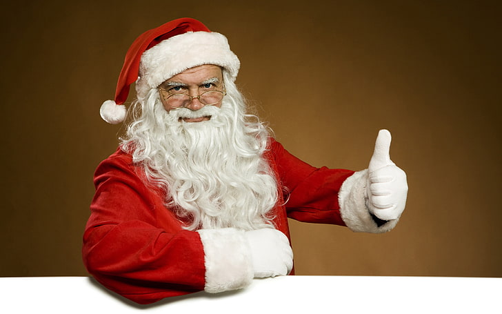 Santa Claus costume, white, red, face, pose, background, new year, hand, Christmas, glasses, costume, gloves, the old man, beard, Santa Claus, Santa, brown, gesture, cap, white sheet, like, thumb, clean space, HD wallpaper