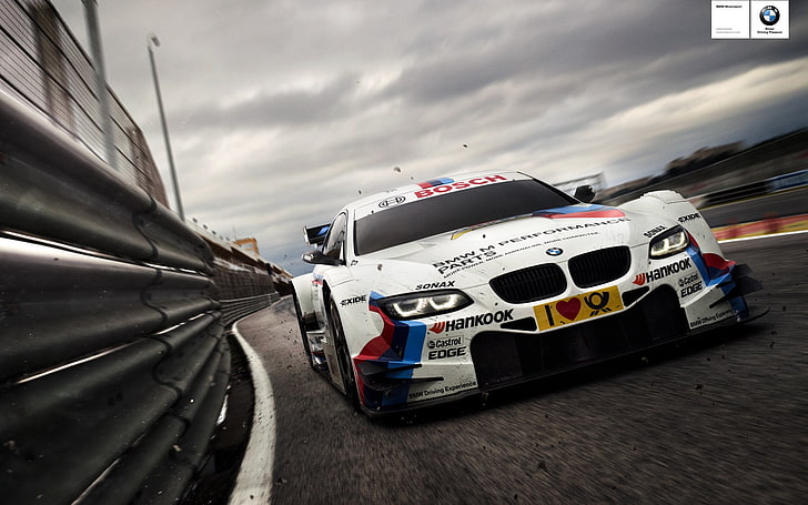 white BMW sports car, asphalt, car, race car, dtm, bmw, racing, hankook, motor racing, HD wallpaper