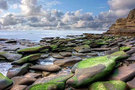 green and brown rocks on the sea shore during morning, sea, beach, rock - Object, nature, coastline, water, landscape, wave, outdoors, scenics, sky, HD wallpaper HD wallpaper