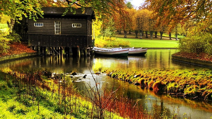 creeks, boat, wood house, cottage, fall, canal, HD wallpaper