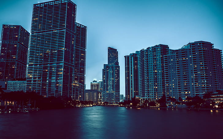 fotografi Cityscape bangunan, bangunan kota dekat badan fotografi air, lanskap, cityscape, gedung pencakar langit, Miami, Wallpaper HD