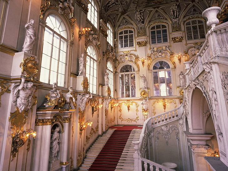 Saint-Pétersbourg, Hermitage, musée, intérieur, statue, escaliers, baroque, Fond d'écran HD
