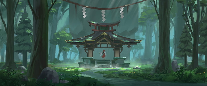 hakurei reimu, kuil, hutan, alam, touhou, pandangan belakang, Anime, Wallpaper HD