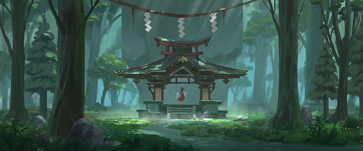 hakurei reimu, ศาลเจ้า, ป่า, ธรรมชาติ, Touhou, มุมมองด้านหลัง, Anime, วอลล์เปเปอร์ HD HD wallpaper