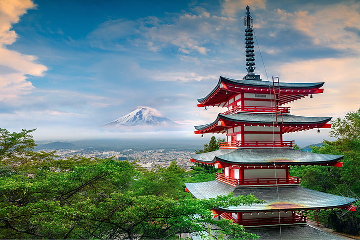 富士山、日本、夏、家、山、日本、パゴダ、建築、富士、6月、成層火山、 HDデスクトップの壁紙