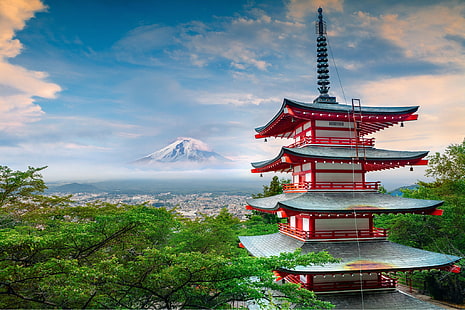 Mount Fuji, Japan, summer, house, mountain, Japan, pagoda, architecture, Fuji, June, stratovolcano, HD wallpaper HD wallpaper