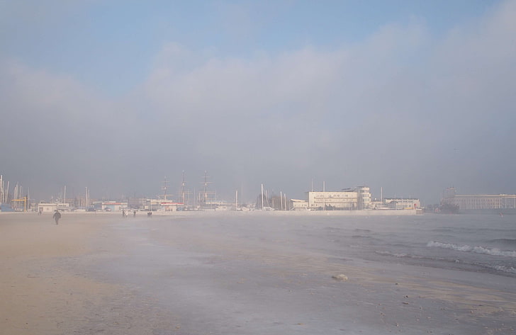 plage, froid, brouillard, mer, hiver, Fond d'écran HD