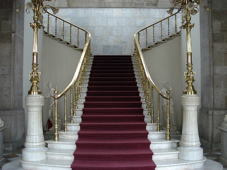 Красиви стълби, елегантни, стил, бели, класически, мрамор, горл, къща, дворец, животни, HD тапет