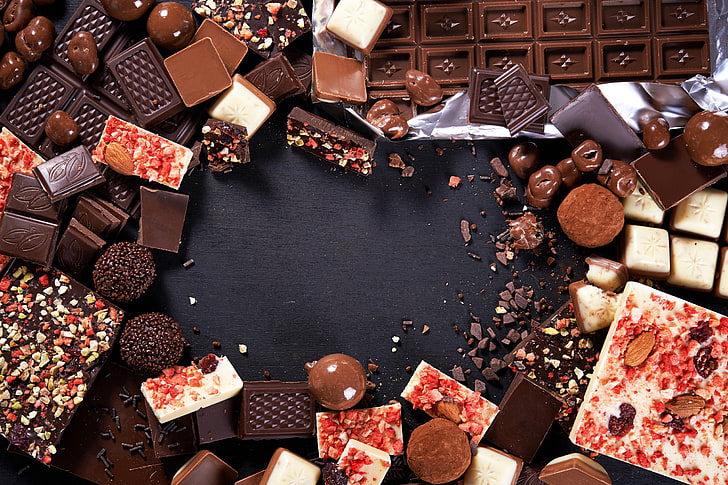 темный, шоколад, конфеты, орехи, десерт, сладкий, вкусный, конфеты, кусочек, молоко, HD обои