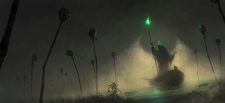 person holding green wand wallpaper, light, green, fog, boat, hood, skull, staff, the carrier, SID75, Vitaliy Smyk, green light, HD wallpaper