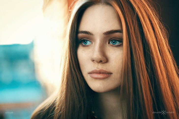 women, face, portrait, redhead, juicy lips, blue eyes, HD wallpaper