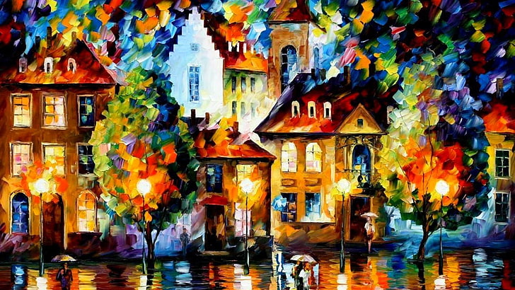 bangunan kanvas lukisan, pohon, pemandangan, kota, orang-orang, mendung merata, jalan, cat, warna, rumah, gambar, payung, Leonid Afremov, Wallpaper HD