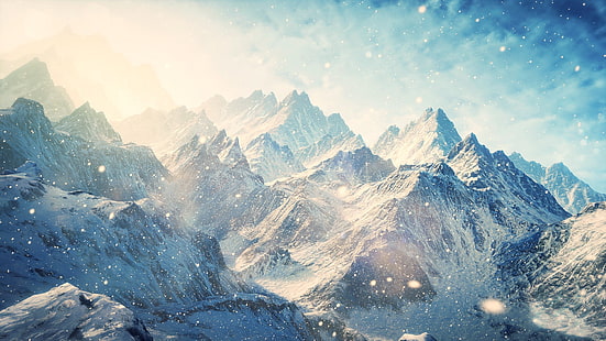 montaña cubierta con papel tapiz de nieve, montañas, nieve, obras de arte, manipulación de fotos, arte digital, paisaje, naturaleza, cian, azul, nevando, luz solar, brillante, roca, Fondo de pantalla HD HD wallpaper