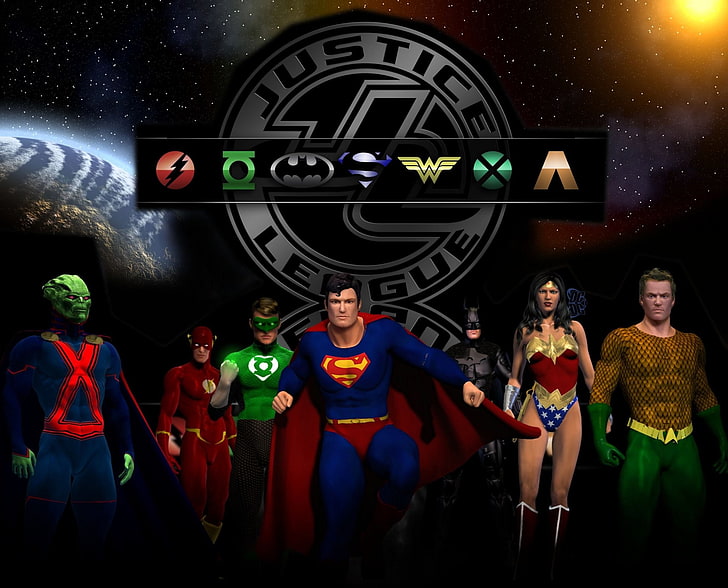 Comics, Justice League, Aquaman, Batman, DC Comics, Flash, Green Lantern, Logo, Martian Manhunter, Superman, Wonder Woman, HD wallpaper