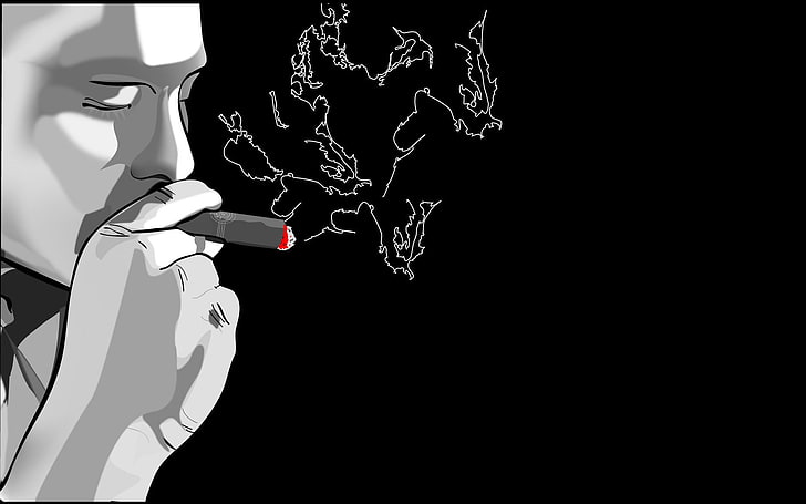 사람 흡연 담배 작품 디지털 배경 화면, 검은 배경, 닫힌 눈, 시가, 흡연, 삽화, 연기, HD 배경 화면